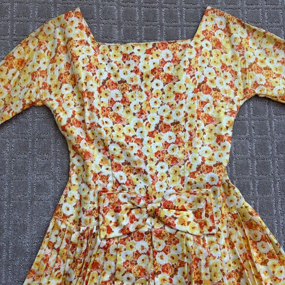 VTG Spring Floral Party Dress Bow Women's 15 / 6 Yellow Orange 1950s 60s Cottage - Picture 2 of 10